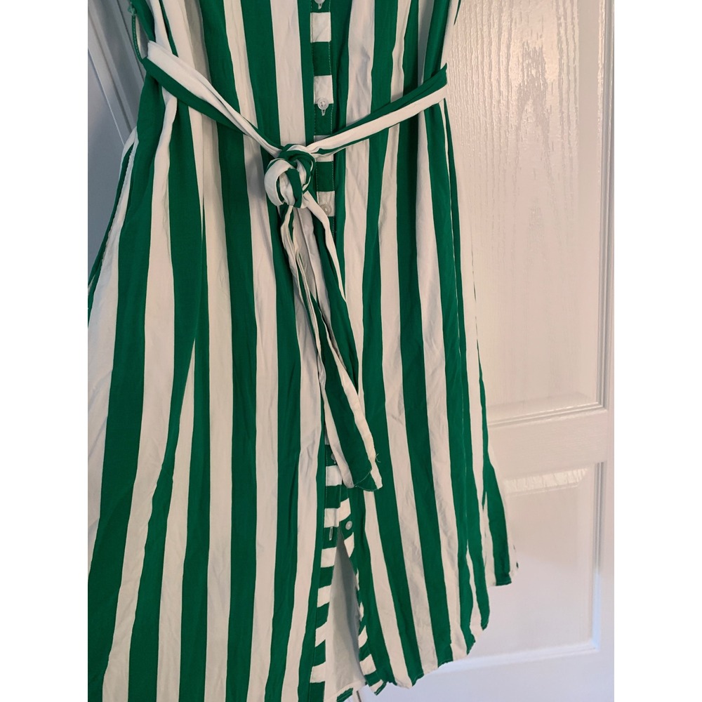 Crown & Ivy Green White Striped Midi Shirt Dress Puff Sleeve Belted Pockets L - Picture 5 of 11